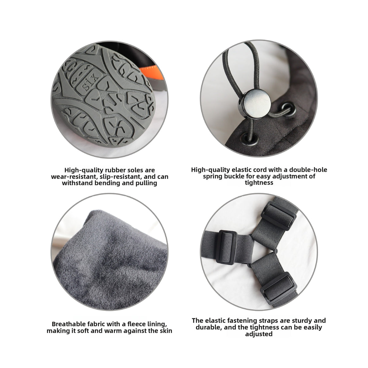 Detail panel of the dog boot rubber sole tread, elastic cord toggle, fleece lining and strap buckle
