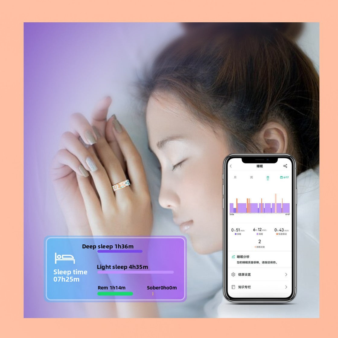 Smart ring on a sleeping woman hand beside phone sleep tracking screen