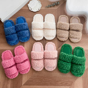 Curly lamb plush double band open toe house slipper shown as a studio product photo