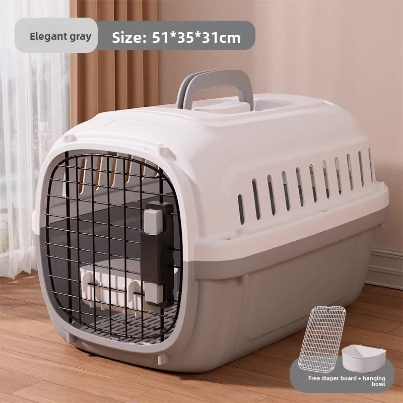 Pet travel crate with a slotted plastic door panel instead of a wire grille