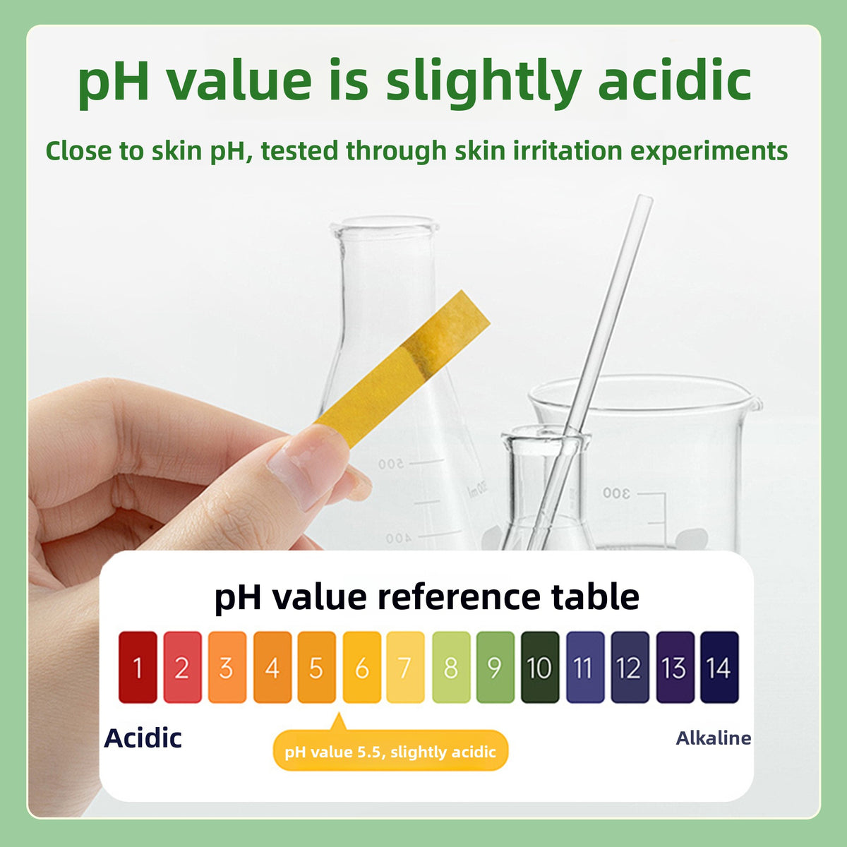 Infographic with a pH test strip and reference table showing the wipes at a slightly acidic pH of 5.5