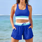Pull on swim shorts with a drawstring waist, contrast color block band and two side pockets