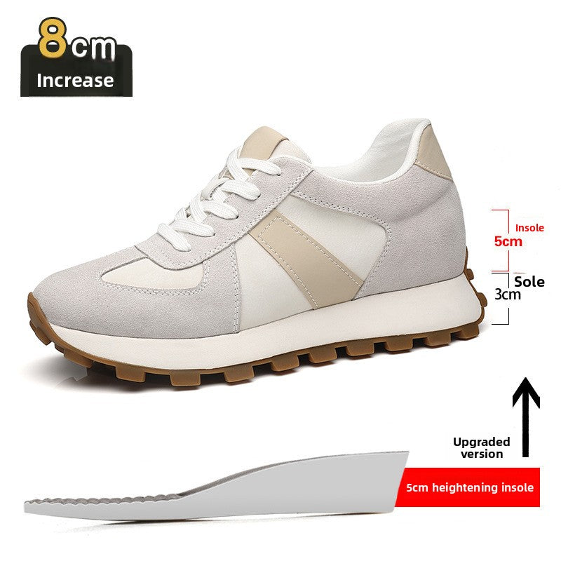 Cream cow suede height increasing sneaker with a 5 cm insole and 3 cm sole diagram