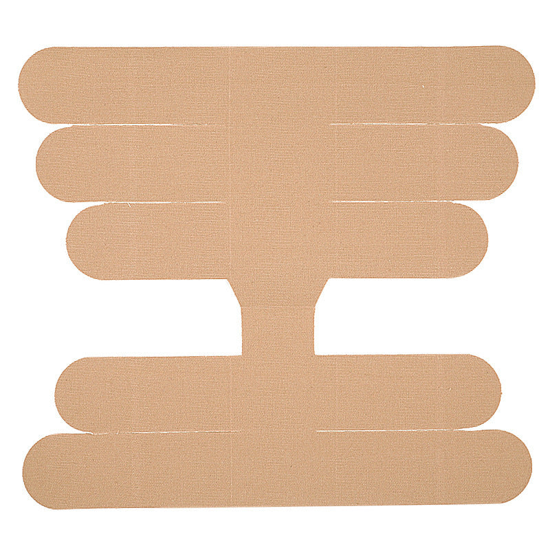 Skin colour pre-cut elastic tape piece with five rounded fingers, laid flat