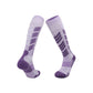 Sport ski socks knit with contrast panels and a plush cushioned sole on a white ground