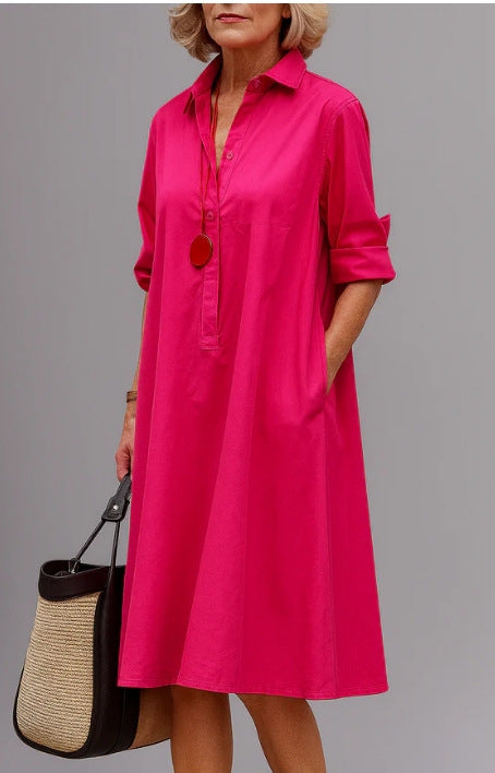 Rose Pink polyester shirt collar long sleeve A-line midi dress on a standing model