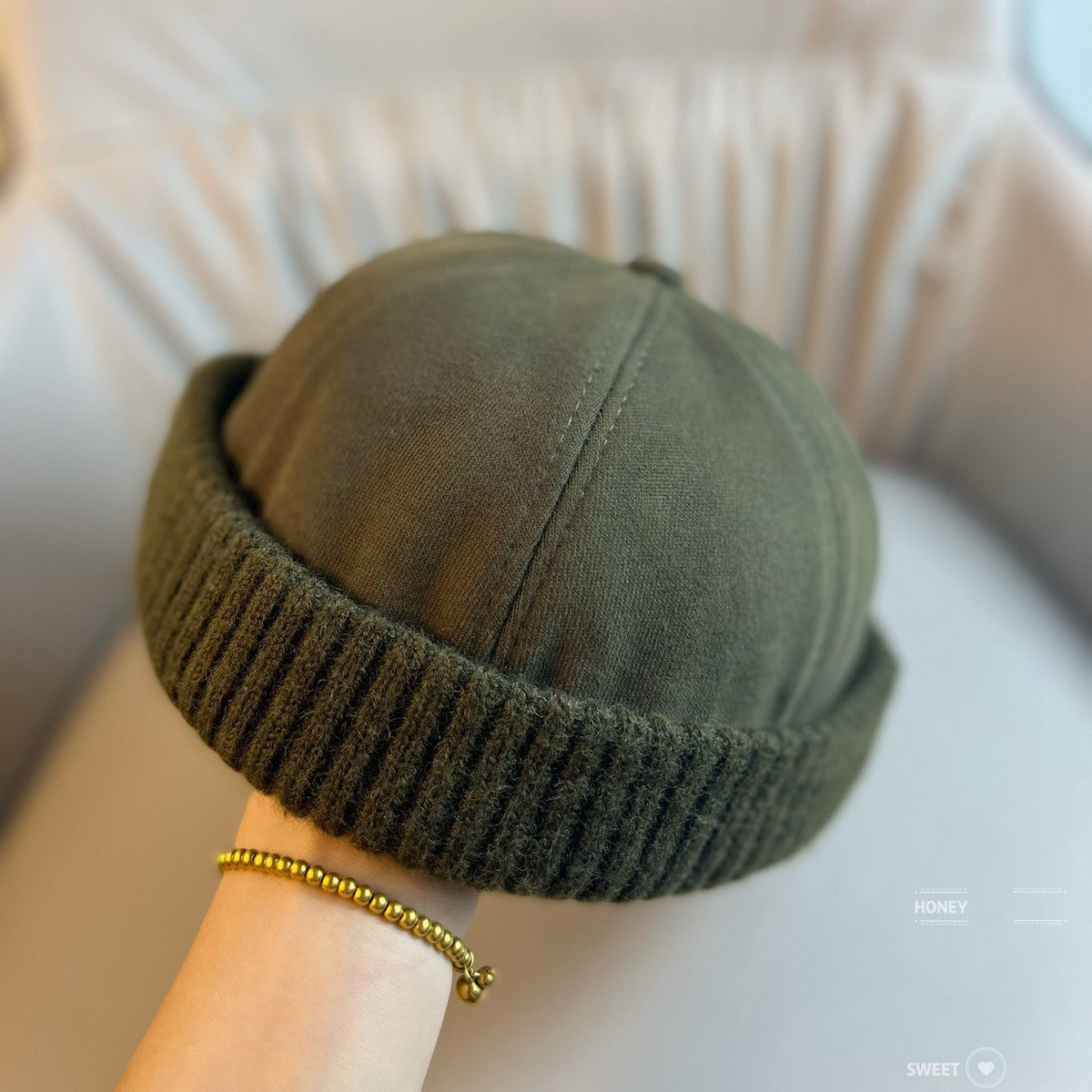 Apple green washed dome beanie with a folded ribbed cuff