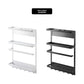 Row of hooks under the magnetic fridge rack holding stainless steel kitchen utensils