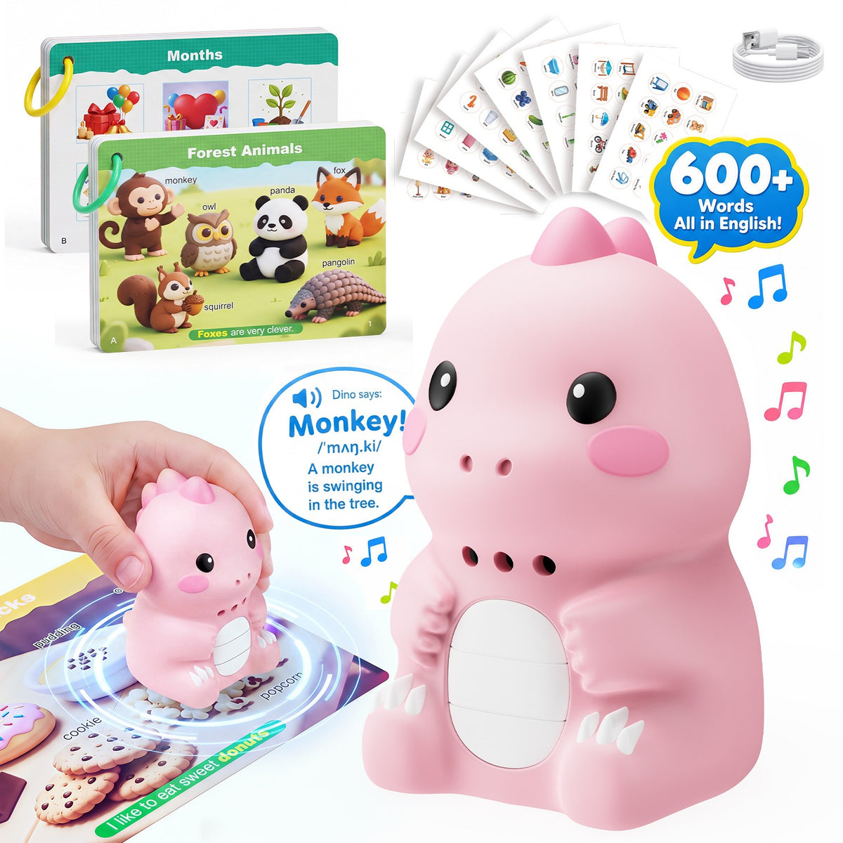 Pink dinosaur talking reader with word cards, sticker sheets and a 600 plus words callout, option photo