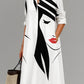 White Line Art Face Print polyester shirt collar long sleeve A-line midi dress on a standing model