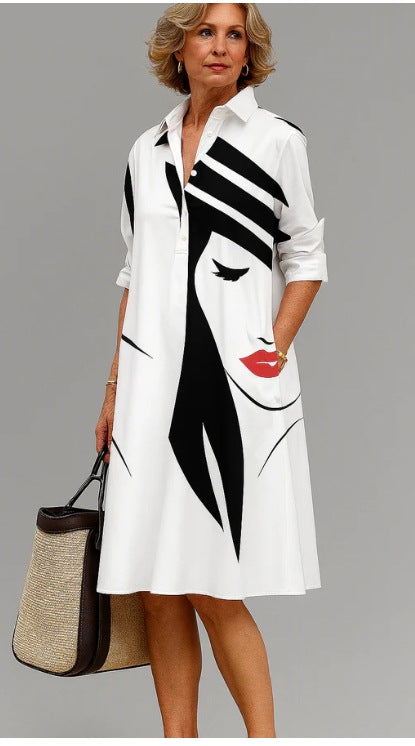 White Line Art Face Print polyester shirt collar long sleeve A-line midi dress on a standing model