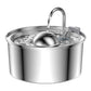 Silver stainless steel cat water fountain with single gooseneck spout on a clean background