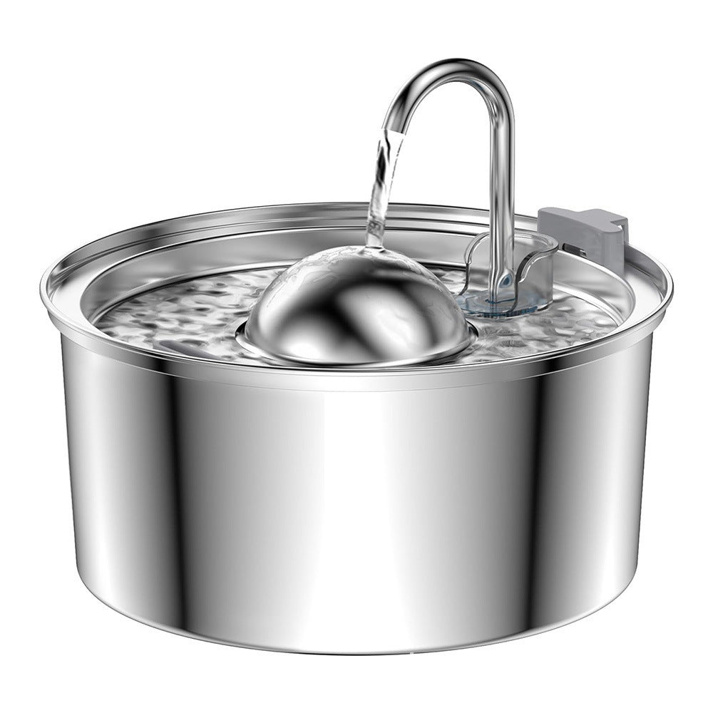 Silver stainless steel cat water fountain with single gooseneck spout on a clean background