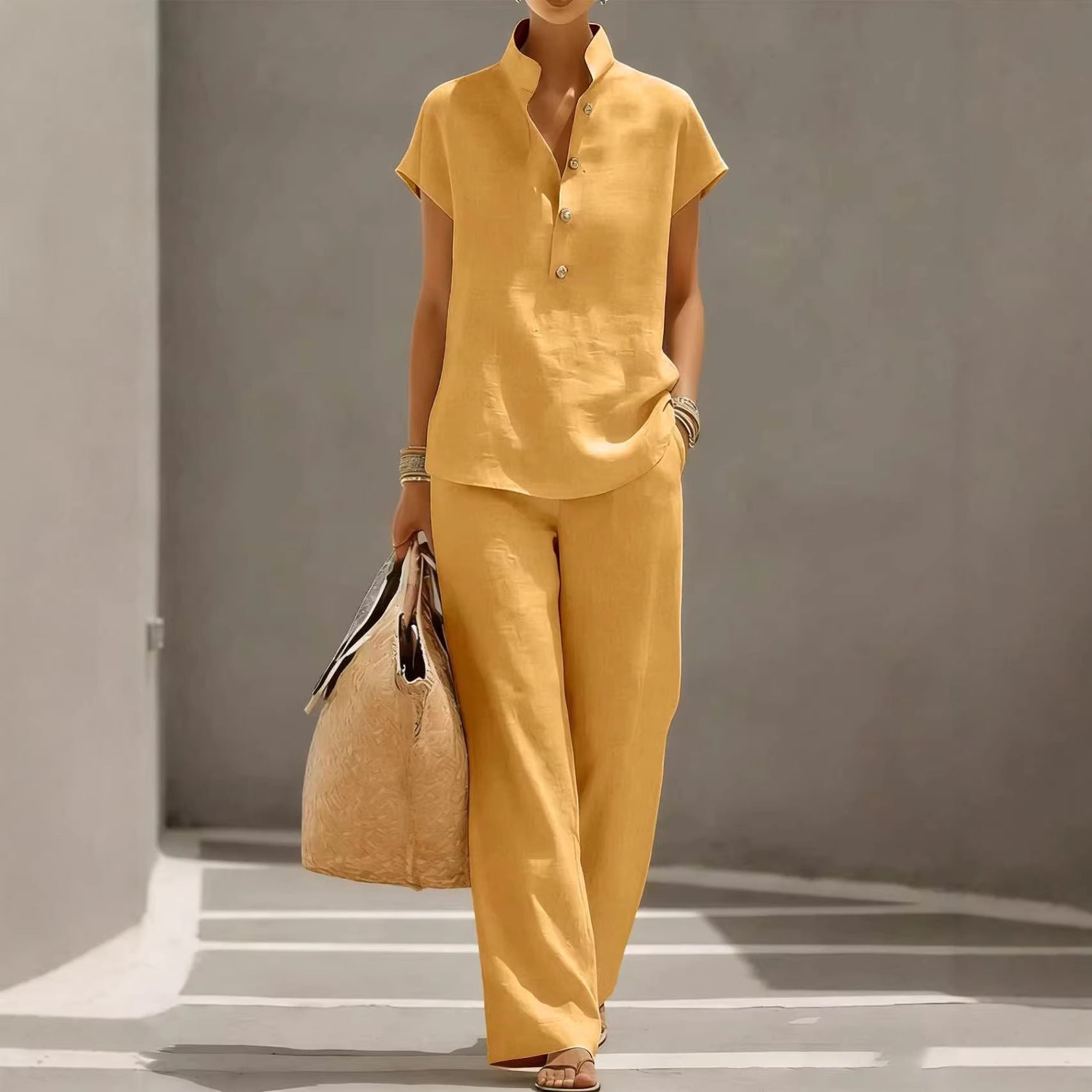 Vertical hero composition of the short-sleeve top and wide-leg pants set