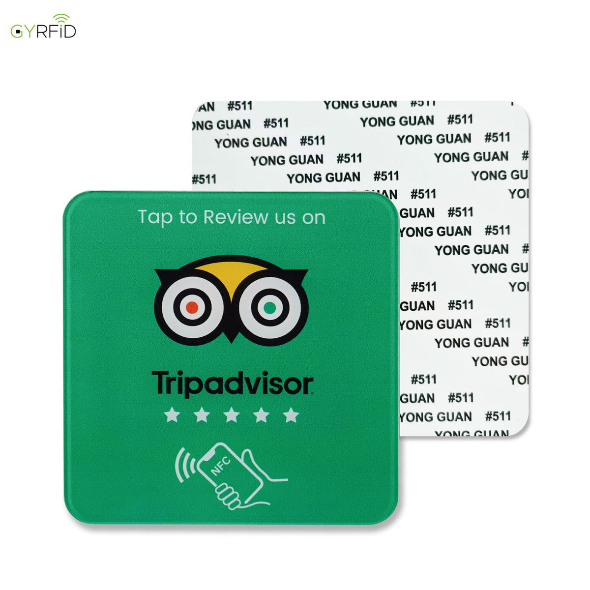 Google review NFC table sticker with a five star prompt on a black round