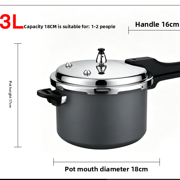 Size chart of the 18 cm aluminum pressure cooker rated 3 litres for one to two people