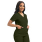 Close view of the V neck collar and chest pocket on the scrub top