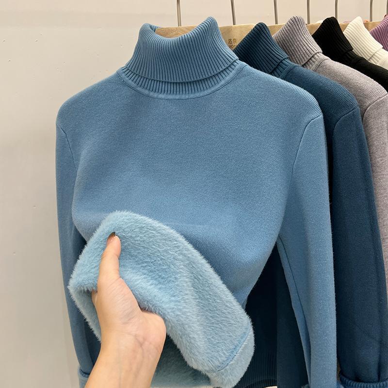 Haze Blue high collar fleece lined knit sweater, size L option, shown on a hanger