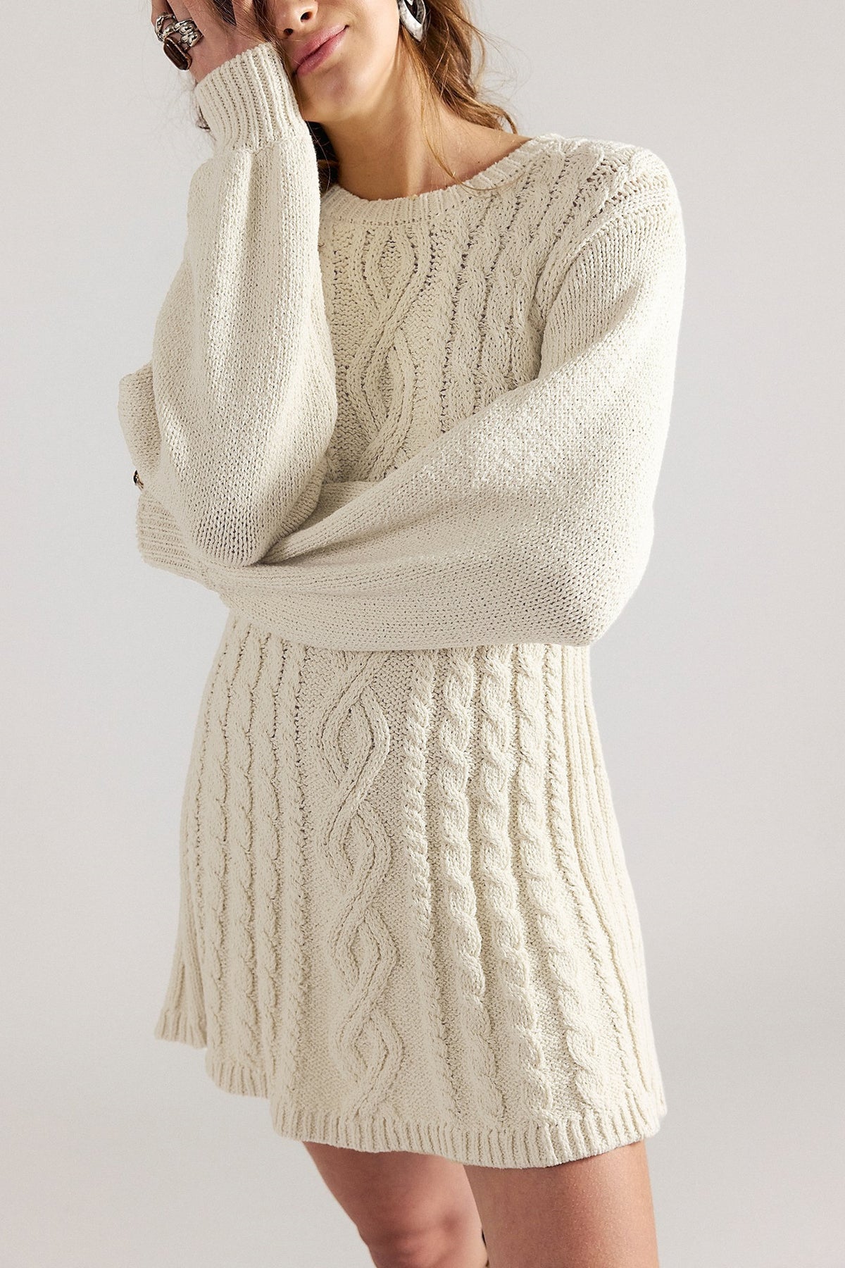 Cream cable knit mini sweater dress with long full sleeves, Apricot option, size XL