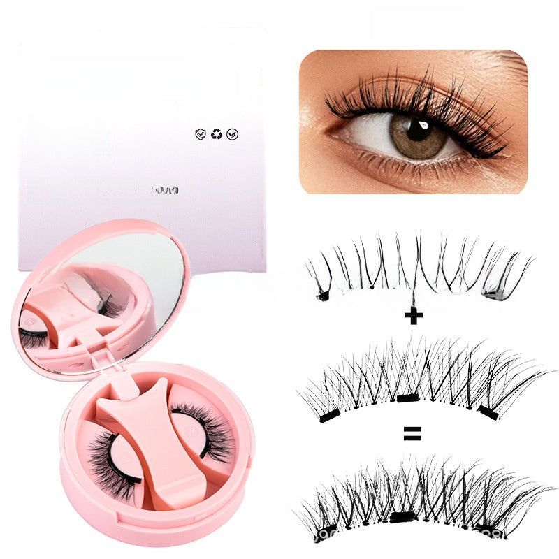 White and pink magnetic lash cases beside a close-up eye and a top and bottom lash strip diagram