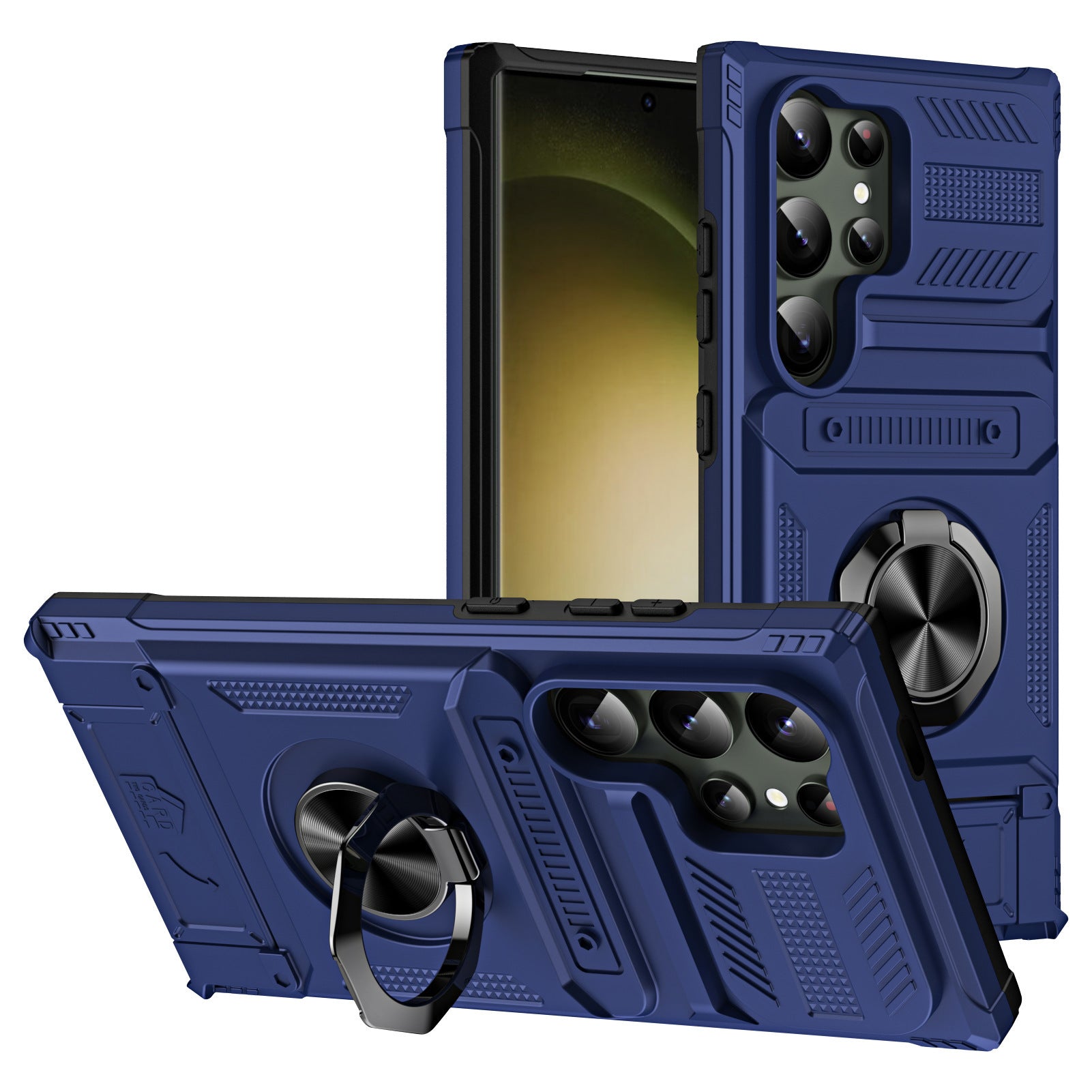 Navy blue rugged Galaxy case, hinged metal ring on the back and ribbed textured panels