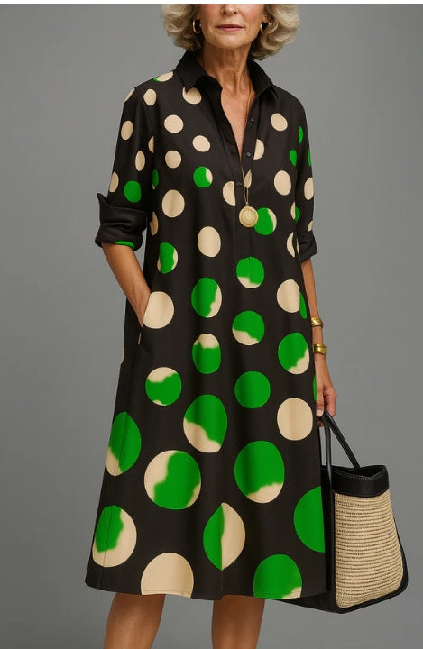 Black and Green Polka Dot polyester shirt collar long sleeve A-line midi dress on a standing model