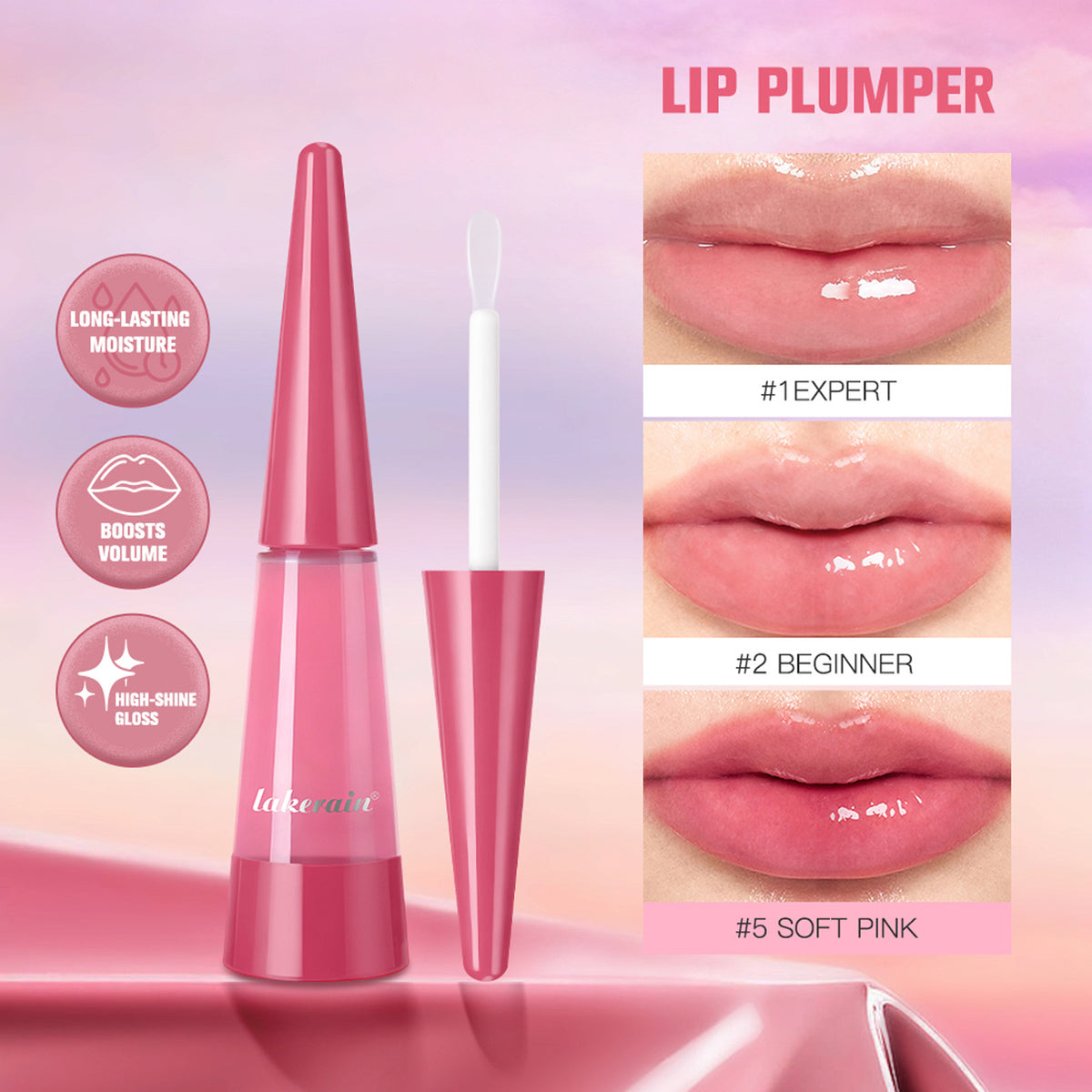 Lakerain lip plumper bottle with shades 1 Expert, 2 Beginner and 5 Soft Pink shown on lips