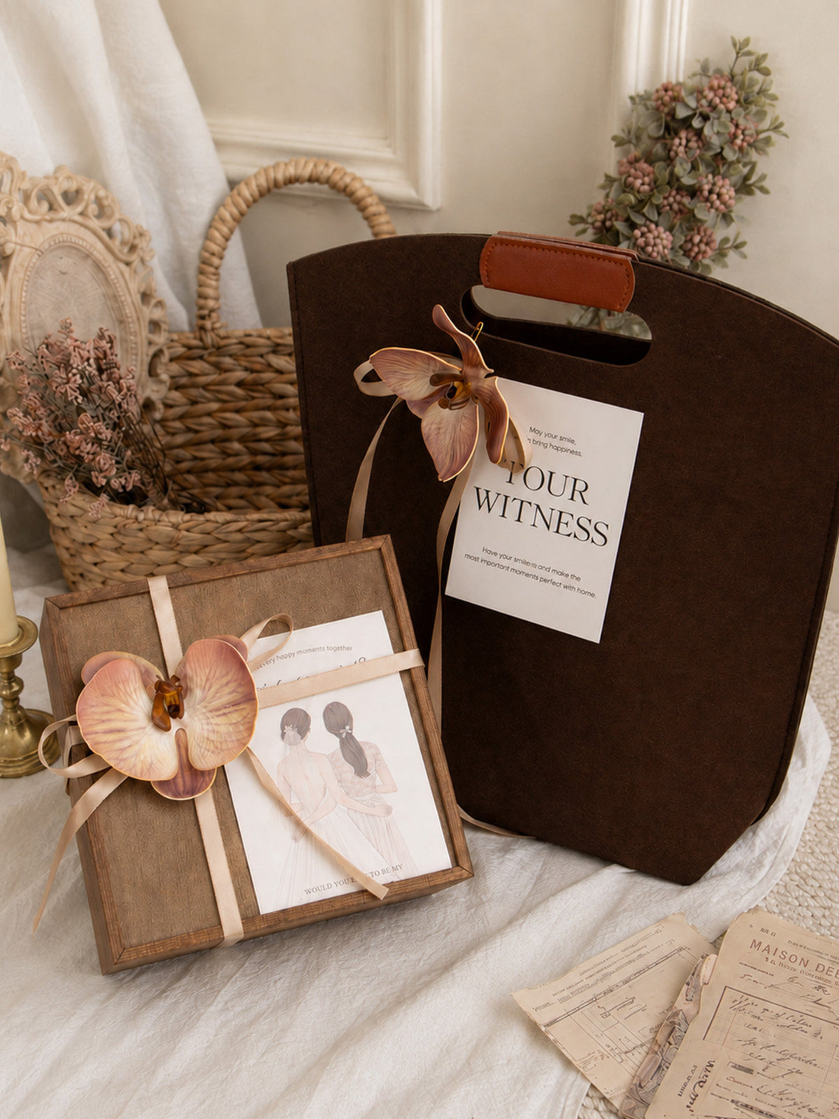 Caramel Series option, wooden gift box with a caramel orchid flower and card beside a brown bag with a cut-out handle