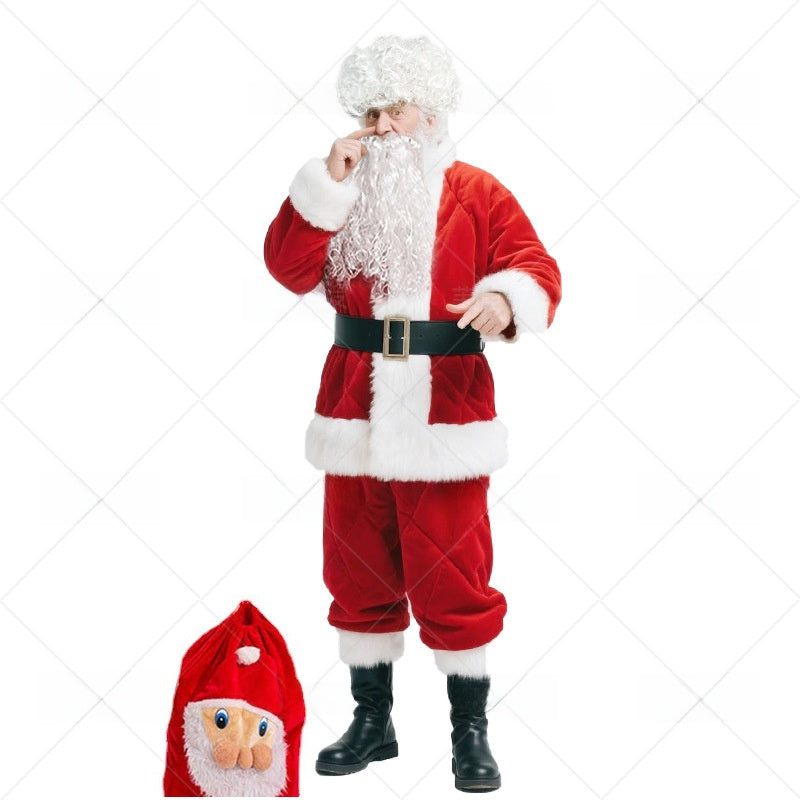 White curly synthetic Santa Claus costume wig and matching beard set on a costumed model