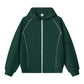 Dark green zip-up hoodie with light contrast stitching on the sleeve seams and a light zip, size S option