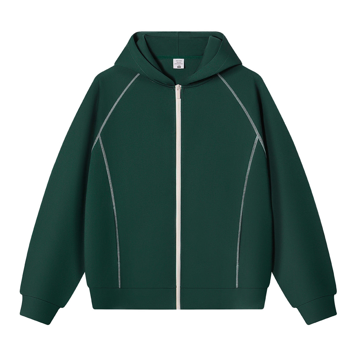 Dark green zip-up hoodie with light contrast stitching on the sleeve seams and a light zip, size S option
