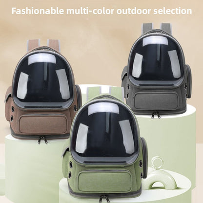Three capsule pet carrier backpacks in brown, gray and army green with clear dome windows on a pastel stand