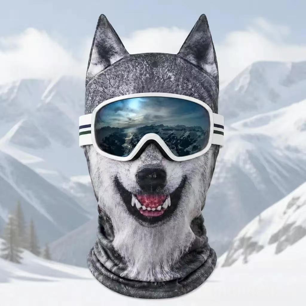 Grey husky print fleece balaclava with white goggles, Animal Winter Mask E option