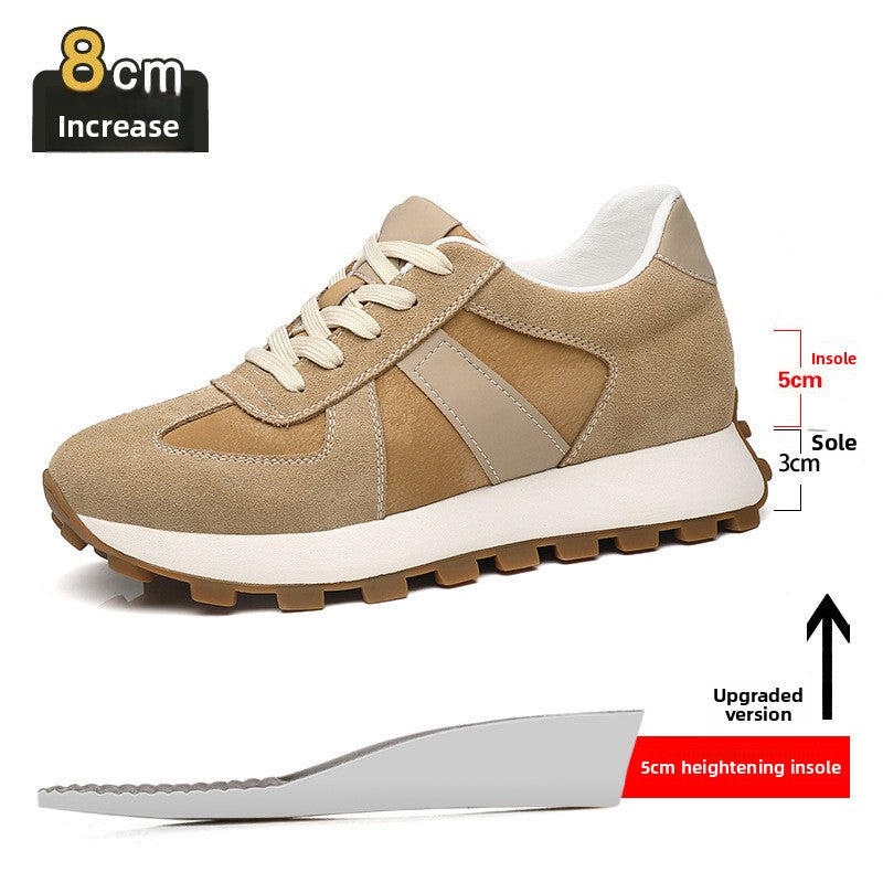 Tan cow suede height increasing sneaker with a 5 cm insole and 3 cm sole diagram