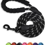 Braided nylon rope dog leash coiled with a foam padded handle loop and a metal swivel snap hook