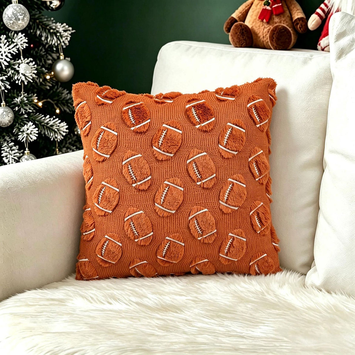Plush carved cushion cover with carved Christmas trees on a beige plush cover, view 46