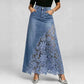 High waist A-line denim maxi skirt with a floral guipure lace panel and scalloped hem showing the scalloped lace edge