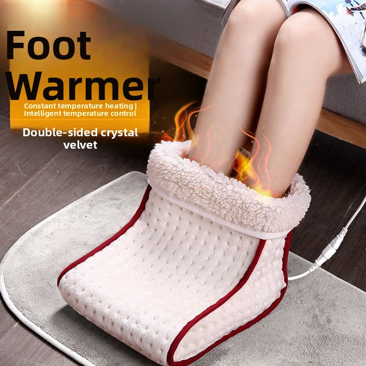 Electric foot warmer pocket with both feet inside and the heat control cable visible