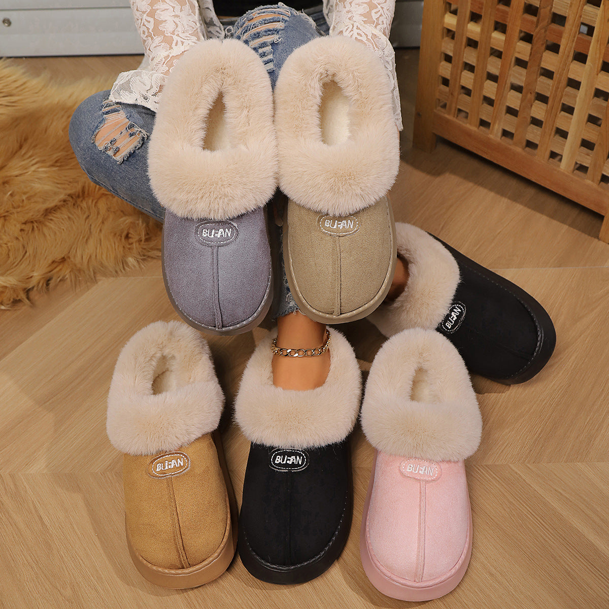 Plush collared house slipper with ribbed velvet upper and cushioned faux fur insole