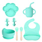 Cyan mint 8-piece set 2 with a paw plate, a cup with a straw, a bowl, utensils and a bib