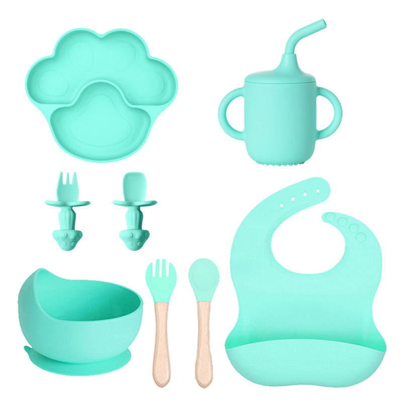 Cyan mint 8-piece set 2 with a paw plate, a cup with a straw, a bowl, utensils and a bib
