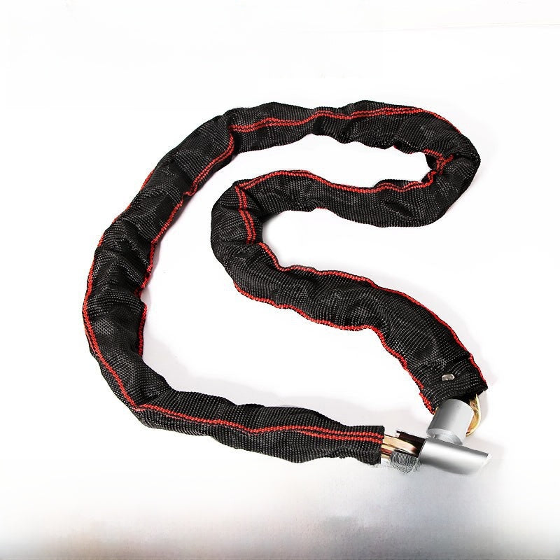 Bicycle chain lock coiled in its fabric sleeve ready to wrap a bike frame and wheel