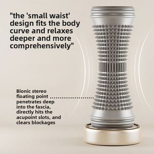 Grey nubbed foot roller standing on a plinth beside printed maker text