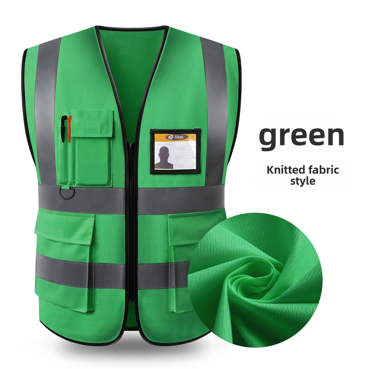 Green knit reflective work vest with gray reflective strips, chest pocket and zip front
