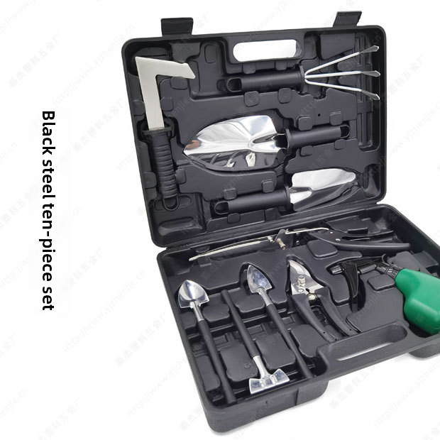 Black grip ten piece stainless steel gardening tool set laid out in an open carry case