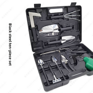 Black grip ten piece stainless steel gardening tool set laid out in an open carry case