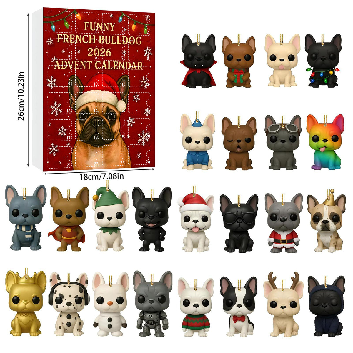 French Bulldog advent calendar cover in red with a Santa hat and twenty-four dog ornaments, Red Fawn Santa Hat cover