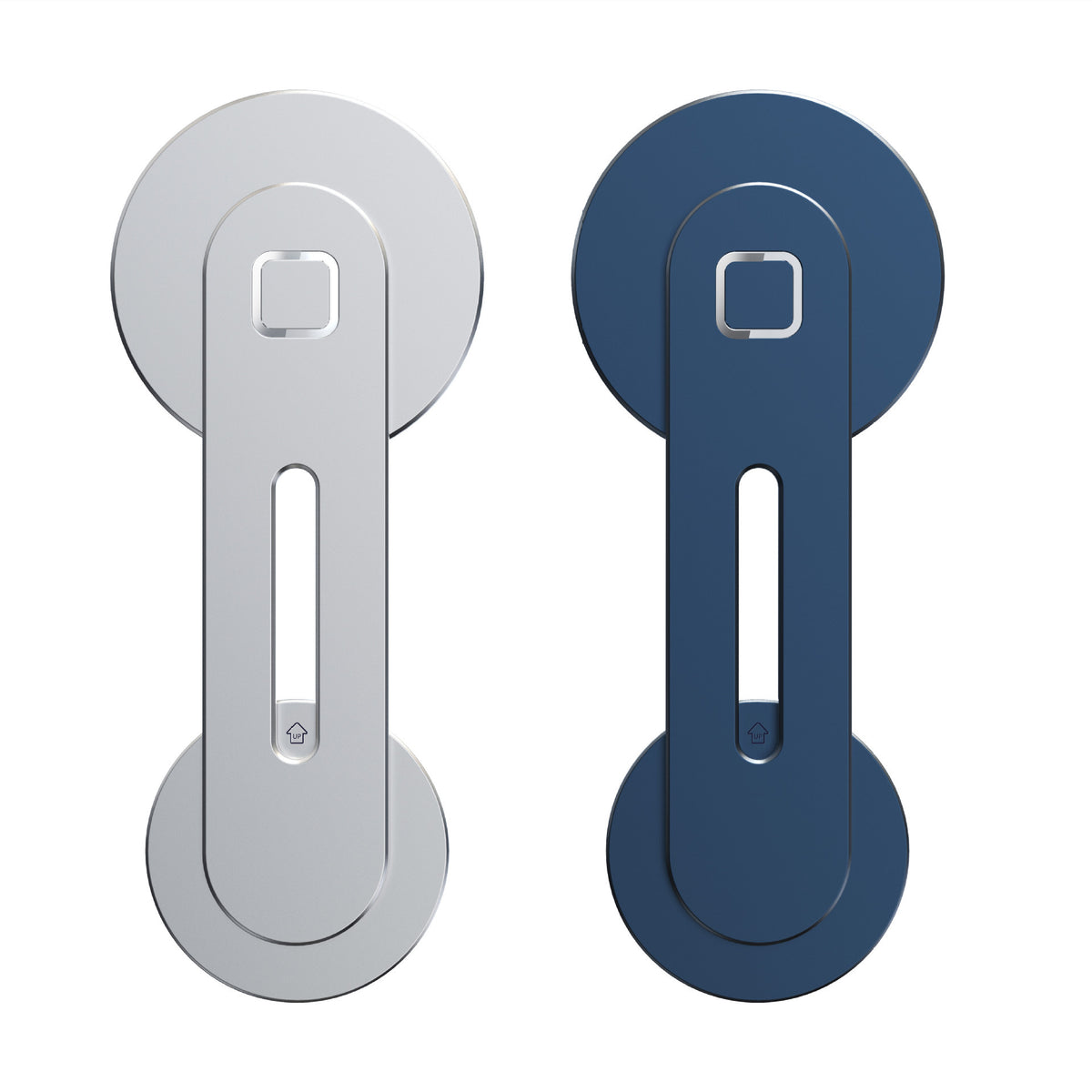 Silver and blue slotted aluminum magnetic phone mount arms with round magnetic heads, front and back