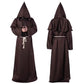 Front and back views of a brown hooded monk robe with a rope belt and hands clasped