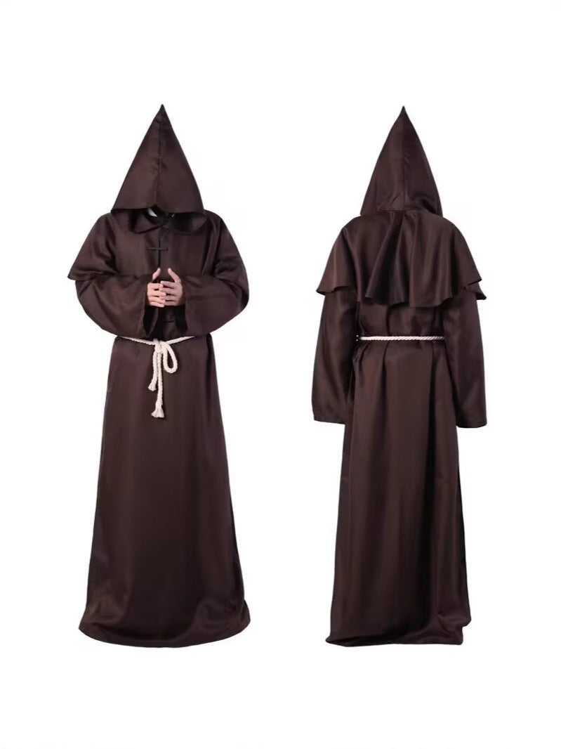 Front and back views of a brown hooded monk robe with a rope belt and hands clasped